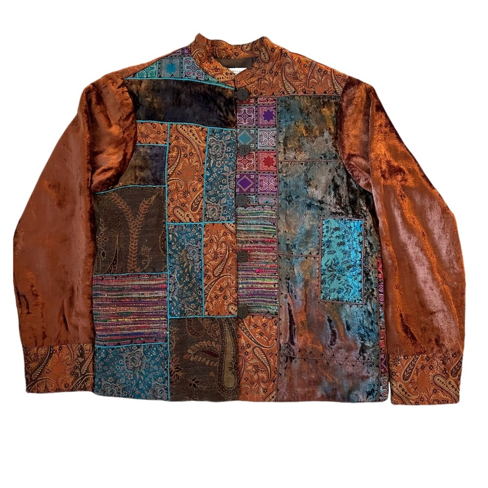 Coldwater Creek bronze and blue velvet patchwork button down jacket